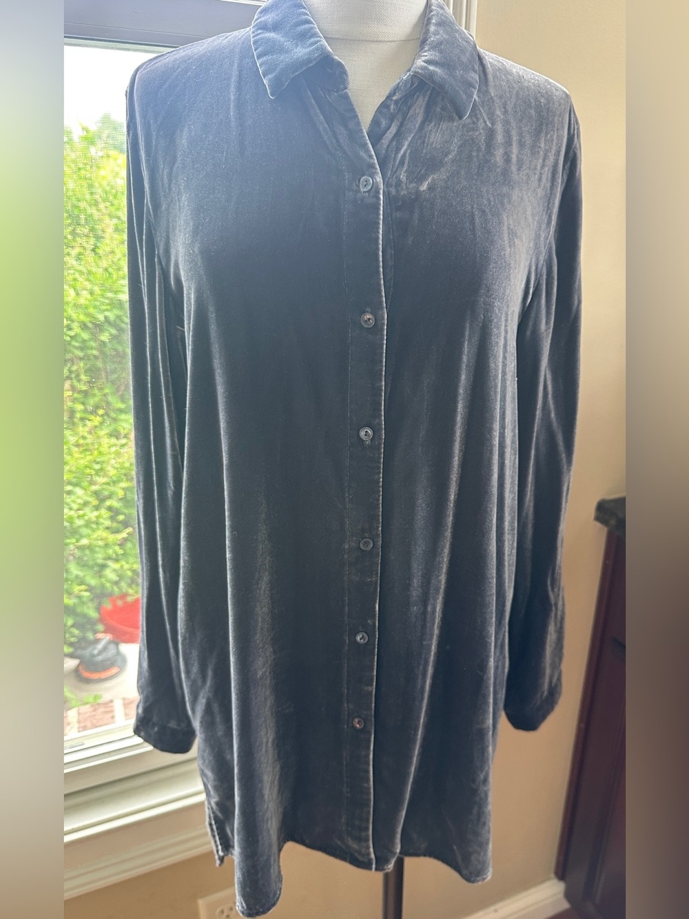 Eileen Fisher Crushed Velvet Tunic Collar Shirt, Size XS - Picture 2 of 9